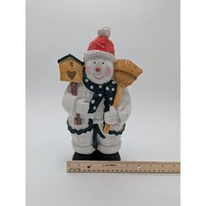 SNOWMAN Figurine Holding A Broom & Birdhouse